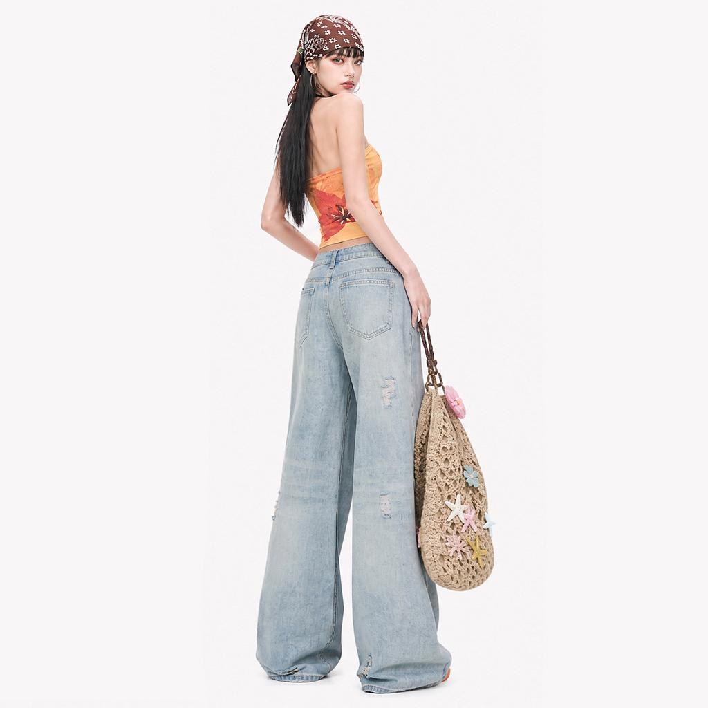 Light Blue Washed Wide-leg Jeans Women's Summer New Thin Drape Worn Design Mopping Pants Trendy