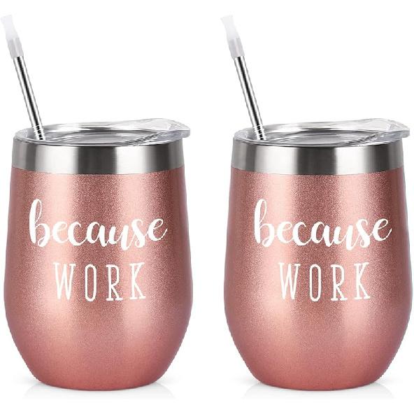 Qtencas Coworker Gifts, 4 Pack because WORK Stainless Steel Wine Tumbler, Christmas Gifts for Coworkers Office Staff Employees, Funny Office Gifts