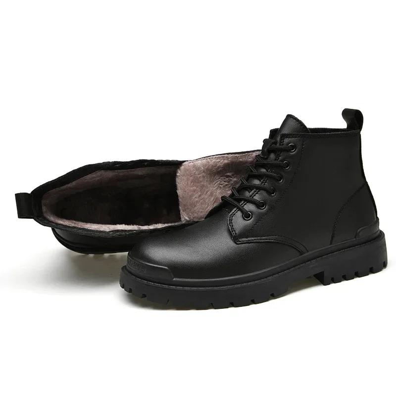 Fashion Genuine Leather Motorcycle Boots Men Winter Warm Snow Ankle Boots Man Quality Outdoor Shoes Leisure Walking Shoes Big Size 38-48