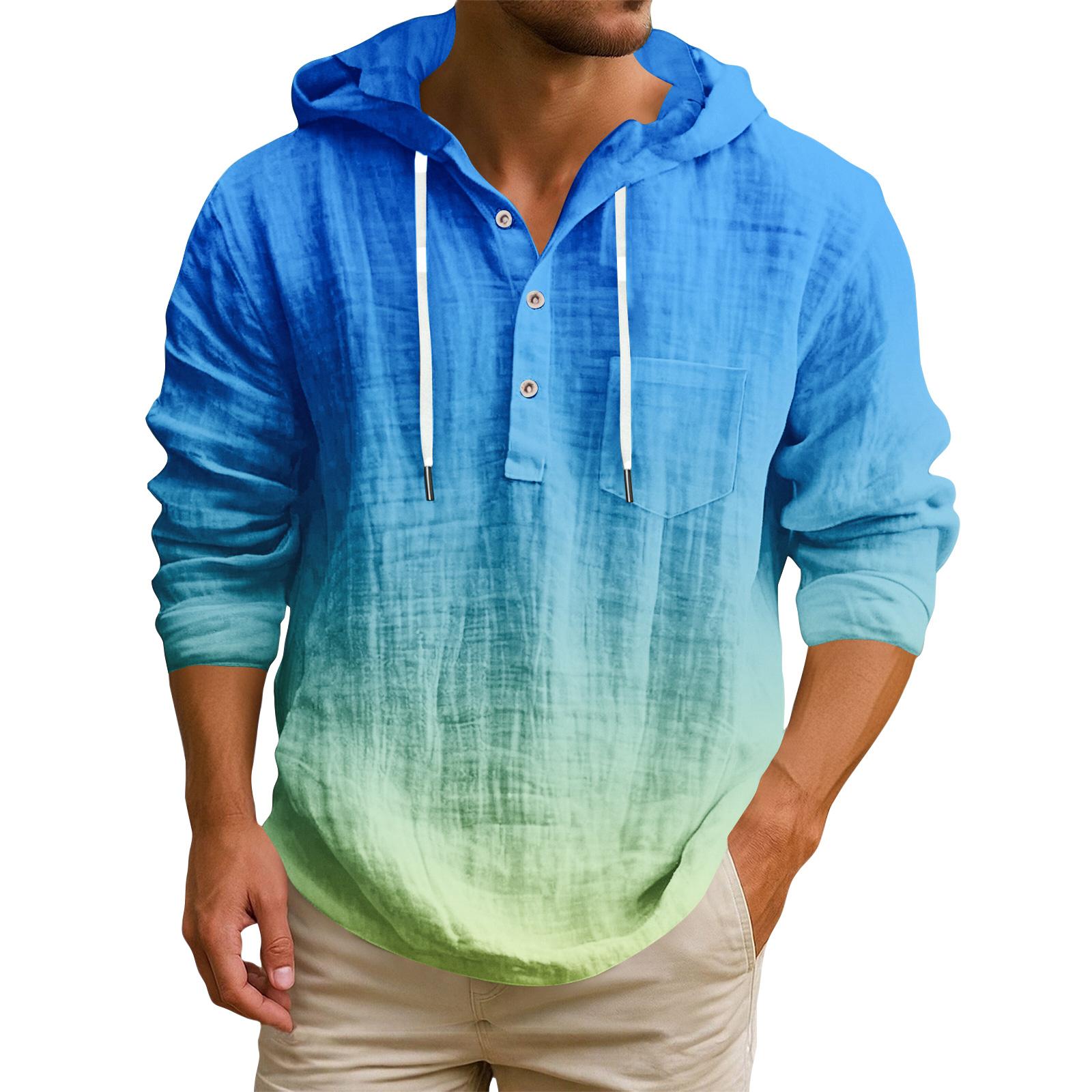 

Мужская футболка с капюшоном градиентного цвета из хлопка и льна, мужской повседневный топ с длинным рукавом L синий