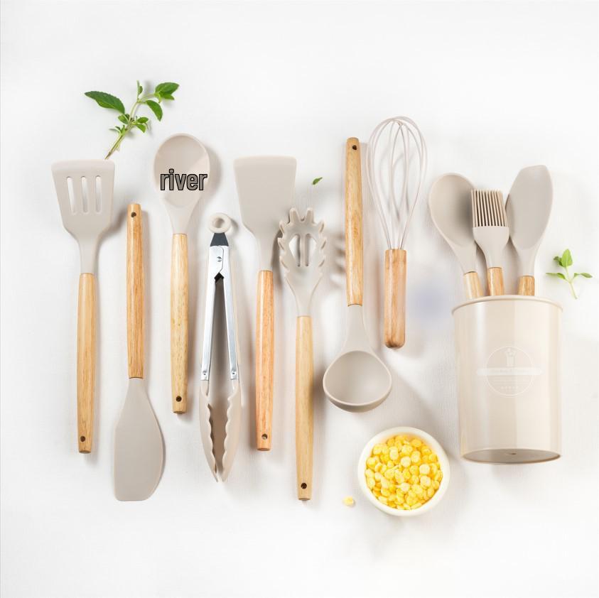 11-Piece Silicone Kitchen Utensil Set with Wooden Handles - Black & Khaki Storage Bucket Included