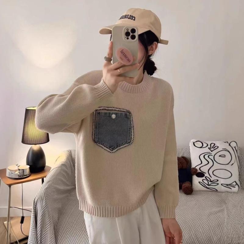 Contrasting color round neck splicing denim knitted sweater top autumn and winter new loose sweater pullover women