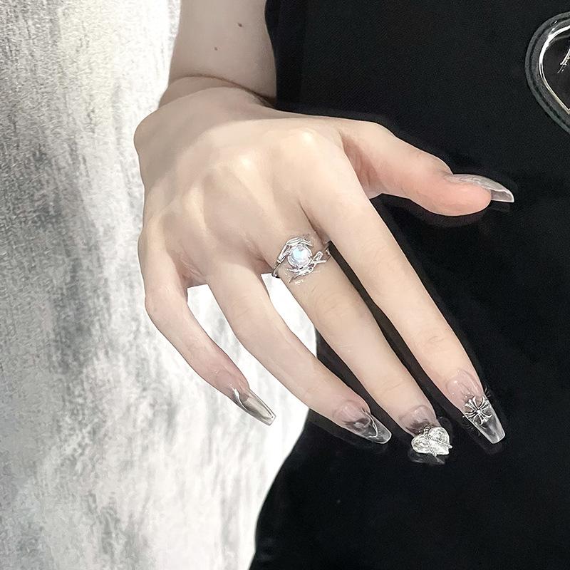 

Moonstone Gem Niche Design Ring Women S Premium Sense Love Leaf Cold Wind Cold Sense Open Ring Adjustable opening