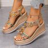 Women's Wide Width Bohemian Sandals, Round Toe Wedge Heel Flats, Ethnic Style Casual Shoes for Women