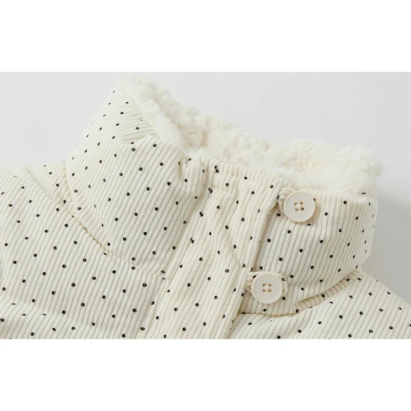 Giacca trapuntata da donna Kawaii a pois Parka corto in velluto a coste Patchwork con bottoni coreani Colletto alto Y2K Giacca calda Puffer