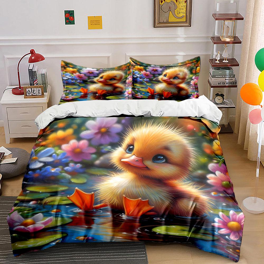 Cute Duckling In Flower Pond Print Soft Comfortable Duvet Cover Bedding Set Included 1*Duvet Cover 2*Pillowcases Luxury Gift