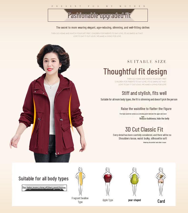 Noble Lady Spring-Autumn Hooded Jacket for Middle-Aged and Elderly Women - 2026 New Style