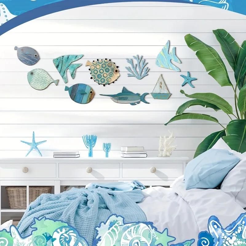 Nautisch Küsten 10 Stück Holzfisch Wanddeko - Niedliches Nicht-3D-Muster Hängekunst Strandthema Ozean Haus- & Badezimmerdekoration