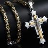 Stainless Steel Cross Pendant Necklace Men Women Geometric Layered Design Gold Black Finish 51-60cm Chain Length