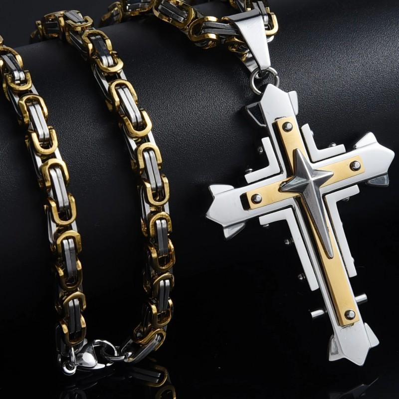 Stainless Steel Cross Pendant Necklace Men Women Geometric Layered Design Gold Black Finish 51-60cm Chain Length