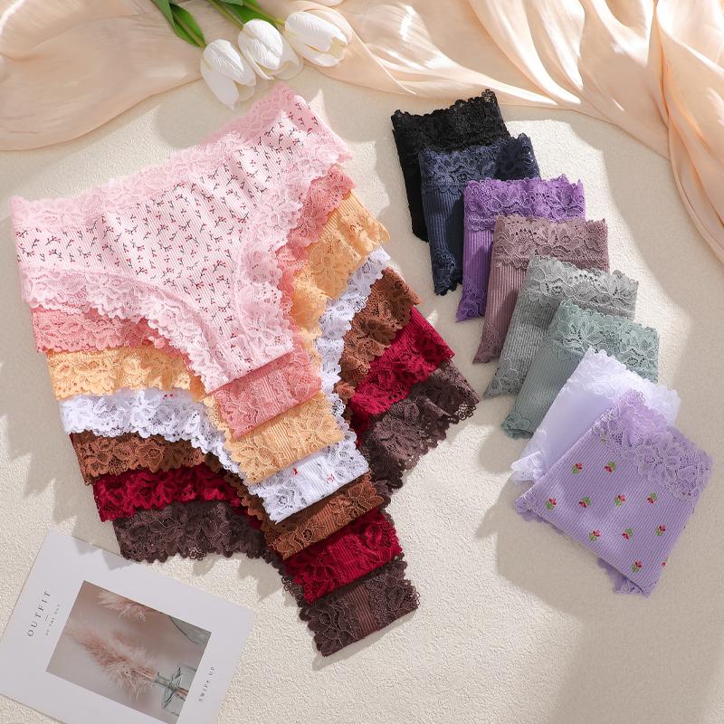 FINETOO 3Pcs Cotton Lace Patchwork Bikini Panties Women Seamless Floral Print Brazilian Pants Low Waist Breathable Female Sexy Lingerie