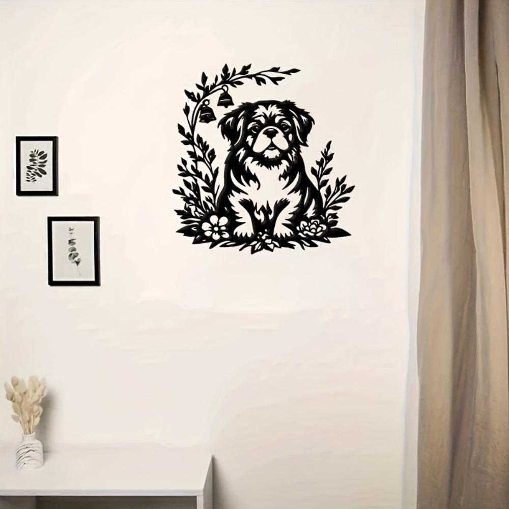 Wrought Iron Tibetan Mastiff Wall Art Flowers Bell Metal Dog Sculpture Christmas Easter Housewarming Gift Living Room Patio Decor