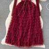 Winter Autumn Elegant Women Lace Mesh Hollow Out Patchwork Dress Casual Lady Ruffled A-line Dress Party Cake Dress