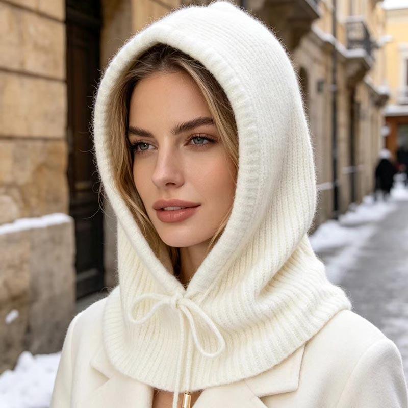 Rabbit Fur Knitted Balaclava Hat Women's Winter Integrated Neck Guard Hat Drawstring Warm Hooded Scarf European and American Cold Hat
