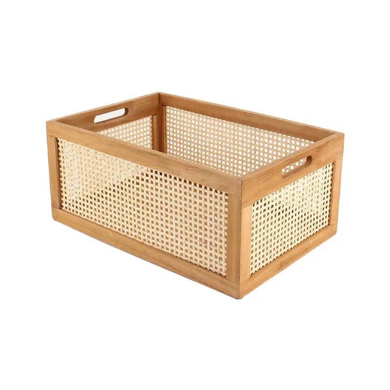 Scatola portaoggetti da scrivania in legno massello da cucina Cesto in rattan retrò Organizzatore per libri, snack, cosmetici Elettrodomestici Accessori per il bagno