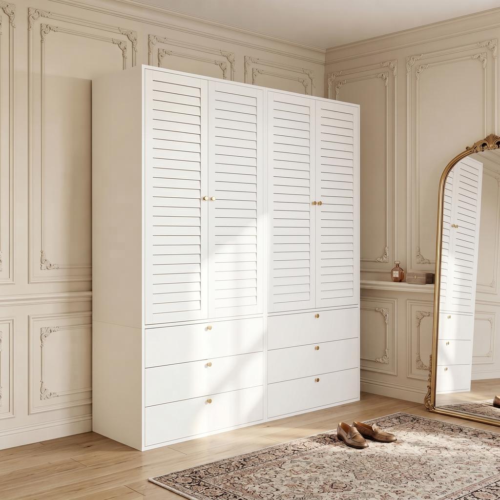 Kleiderschrank mit 4 Türen, elegante Lamellentüren, weiß, 180 x 50 x 200 cm, mit 2 Kleiderstangen, mit 6 Schubladen, geeignet für Schlafzimmer, Kinderzimmer