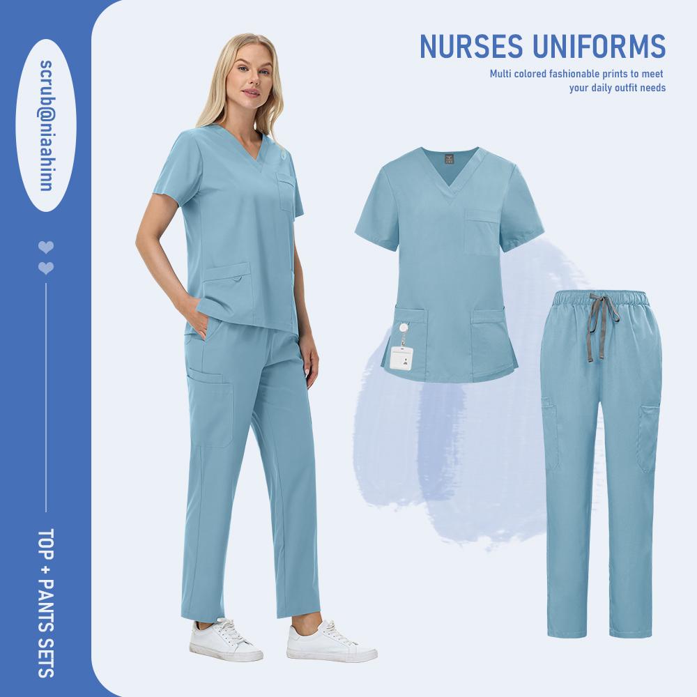 Nursing Surgical Uniforms Woman V-Neck Short Sleeved Uniform Scrub Sets Wholesale Lab Beauty Salon Workwear Pet Doctor Nurse Set