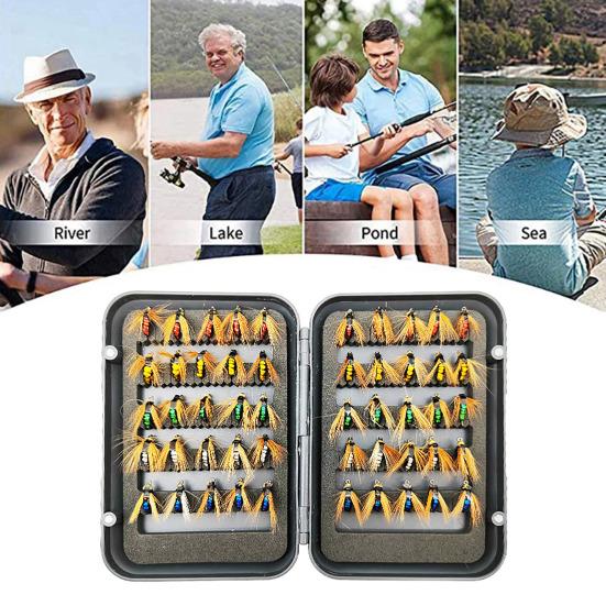 50Pcs/Box Fly Fishing Lure with Sharp Hook Realistic Bionic Floating Feather Fly Fishing Bait Freshwater Saltwater Bass Trout Fishing Accessories