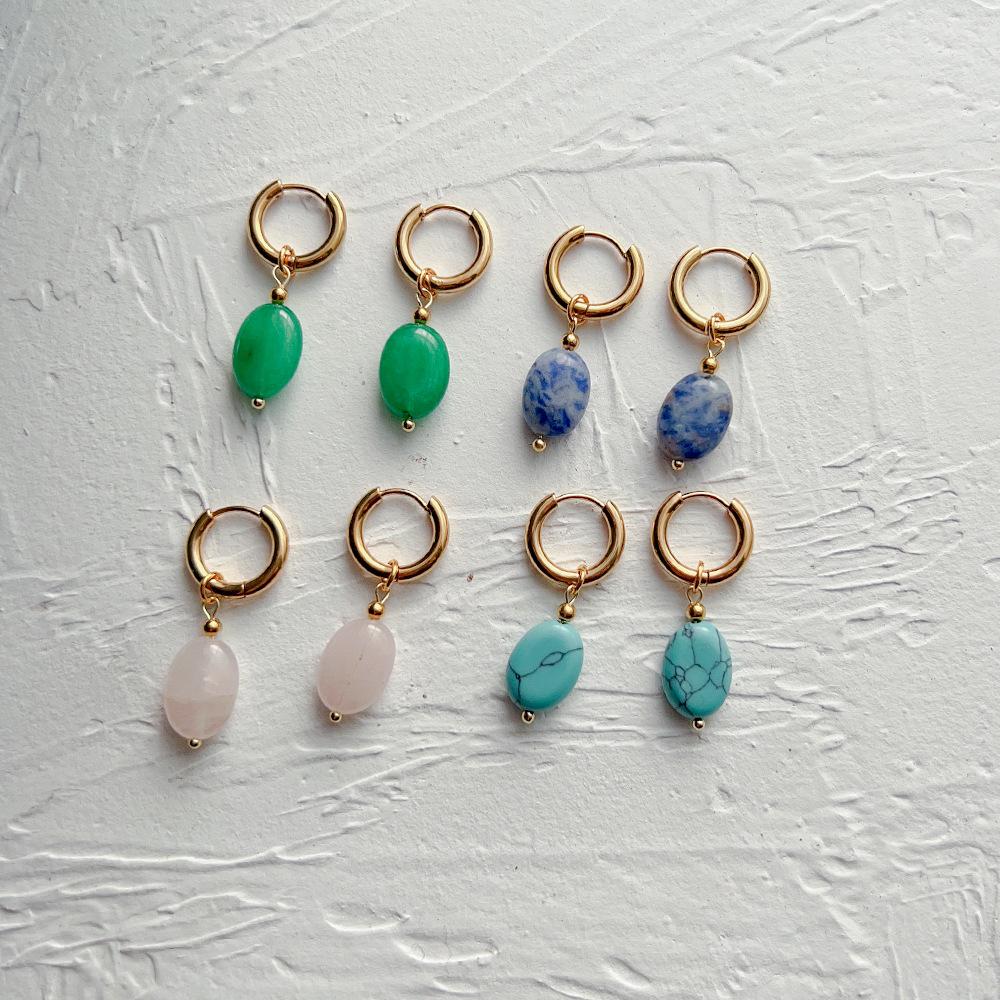 French Fashion Earrings Elegant Oval Denier Ins Retro Style Ear Buckle Titanium Steel Natural Stone All-match Ear Jewelry