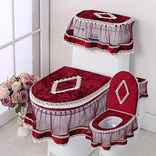 Μαξιλάρι τουαλέτας με δαντέλα Four Seasons Σετ καθίσματος τουαλέτας με εκτύπωση φανέλας τριών τεμαχίων με φερμουάρ σε σχήμα U Beauty κάλυμμα για τη σκόνη τουαλέτας