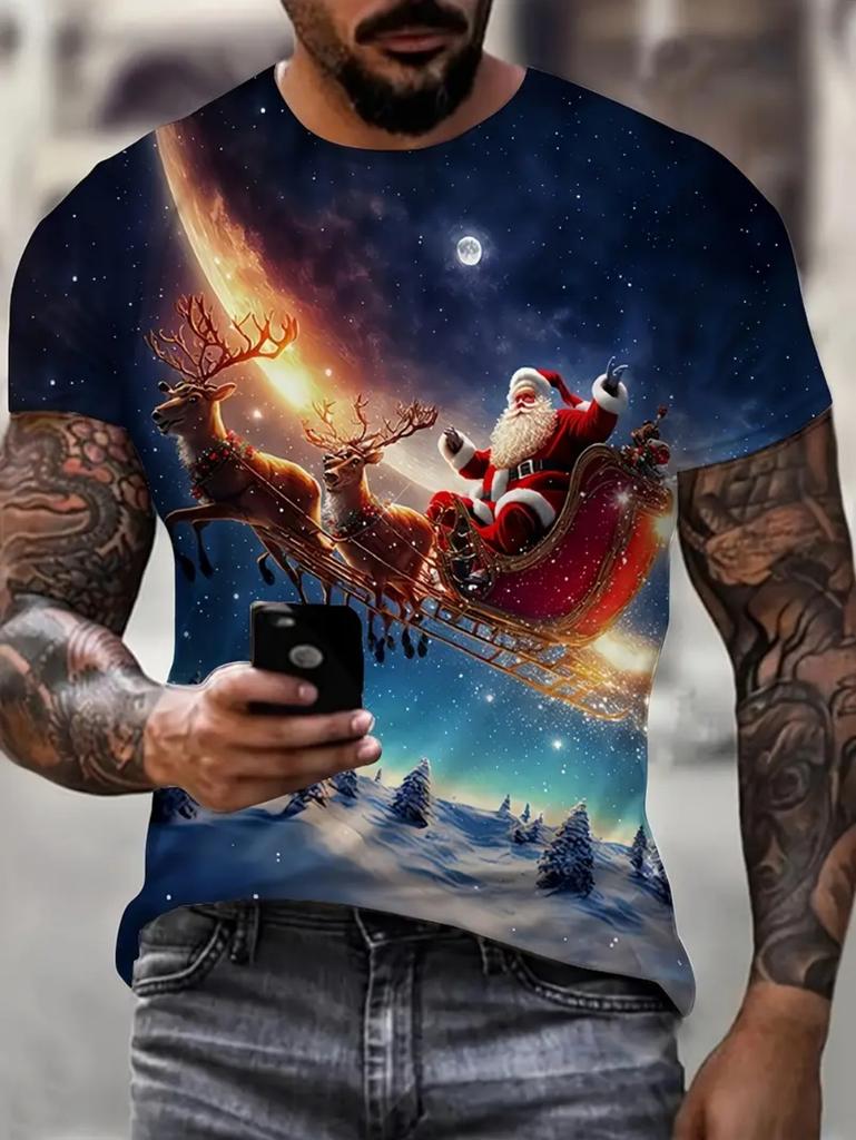Christmas Men's T-Shirt Cute Santa Claus Pattern Short Sleeve T-Shirt Holiday Fashion Top Tees Casual Comfortable Men's Clothing