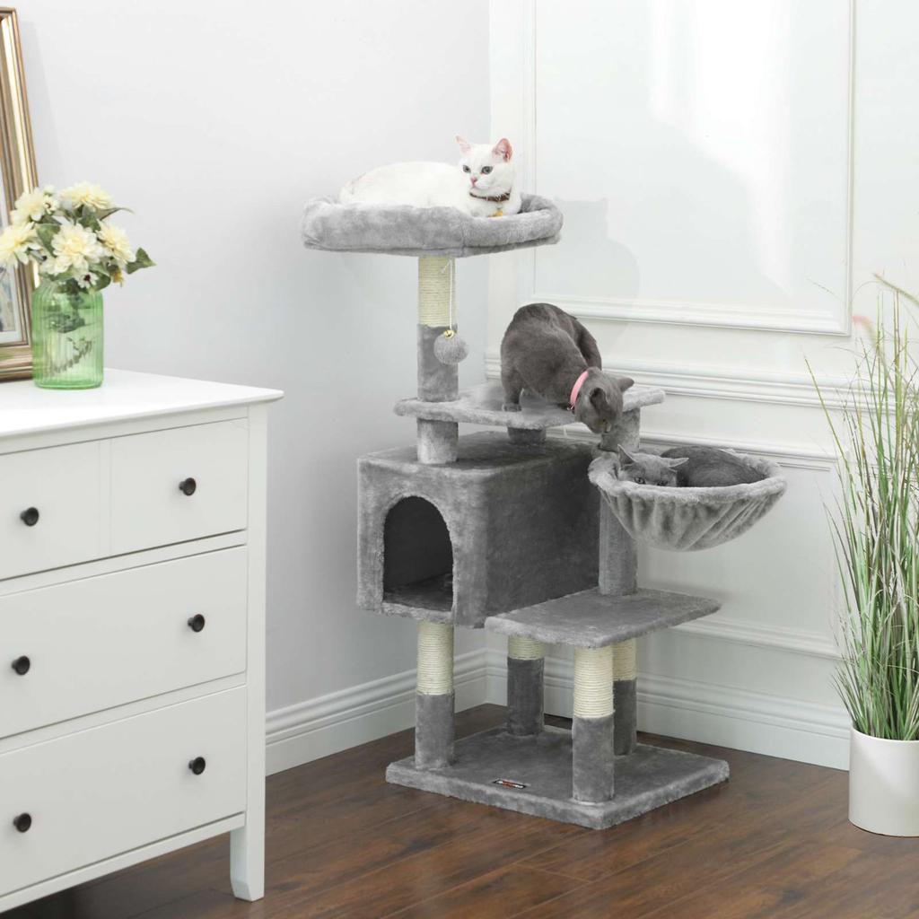 FEANDREA Multilevel Cat Tree, 110 cm Cat Tower, Cat Condo, Light Grey
