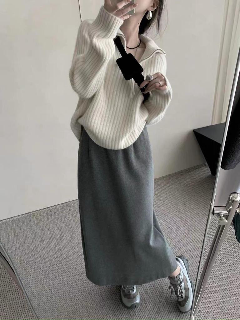 Women's Pure Wool Half-Zip Pullover: Autumn & Winter Korean Style, Loose Fit, Slimming, Thick Knit Sweater.