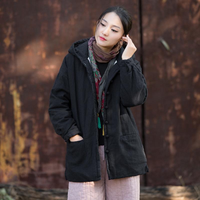 

Johnature Women Vintage Winter Hooded Warm Solid Color Chinese Style Coats One Size чорний