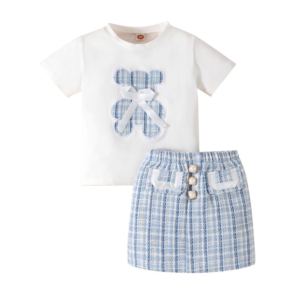 Girls Fashion Set Summer Children's Bear Bow Pullover Short Sleeve T-shirt Skirt Set