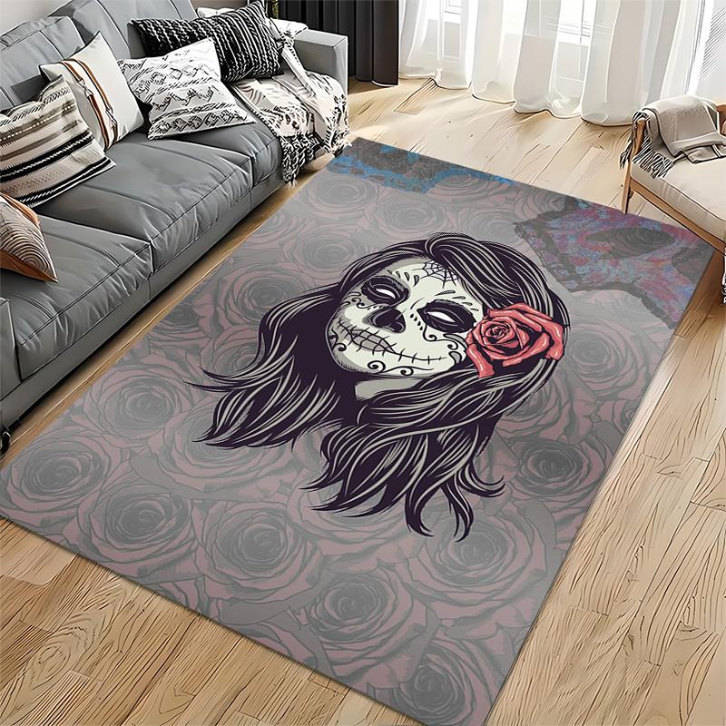 Day of the Dead Girl with Rose Motif Non-slip rug suitable for living room and bedroom sofas.