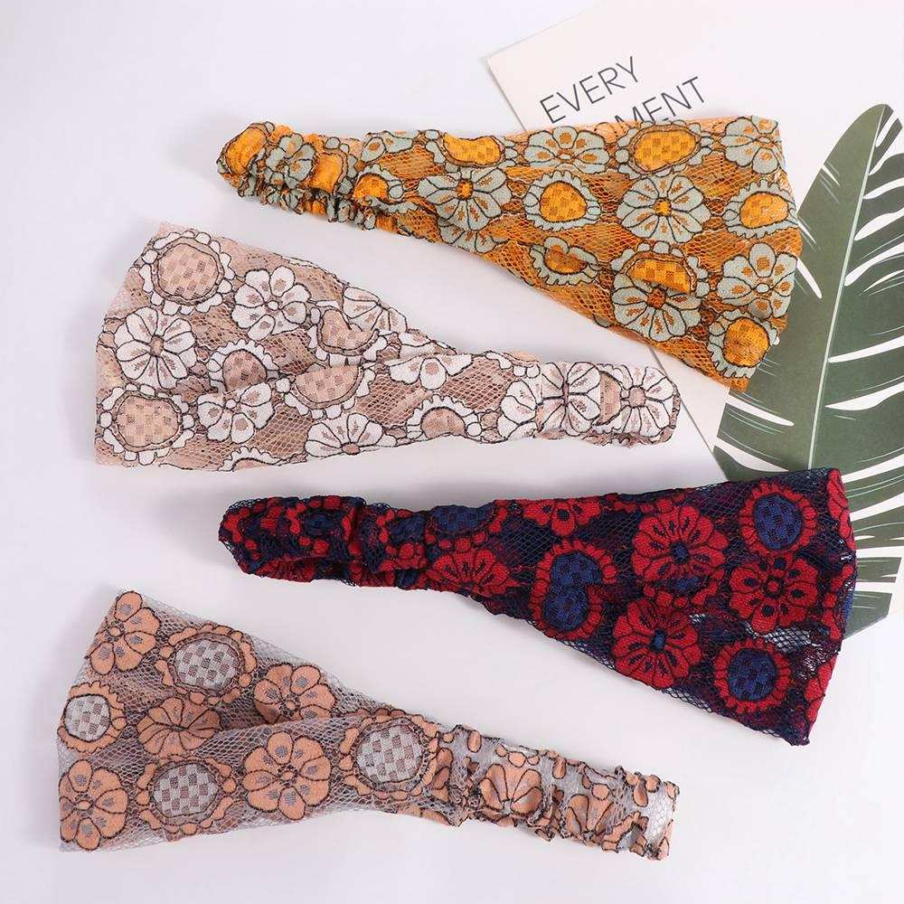 Hair Hoop Lace Hairbands Hollow Wide Side Head Wrap Fashion Mesh Flower Headband  Daily