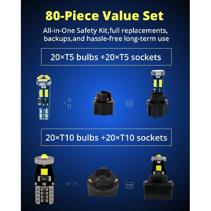 WLJH 40 Pack 194 168 T10 T5 LED Bulbs With Sockets, Non Polarity, Dimmable, For Dash Cluster Dome Map Door Trunk Parking License Plate Lights,300 LM