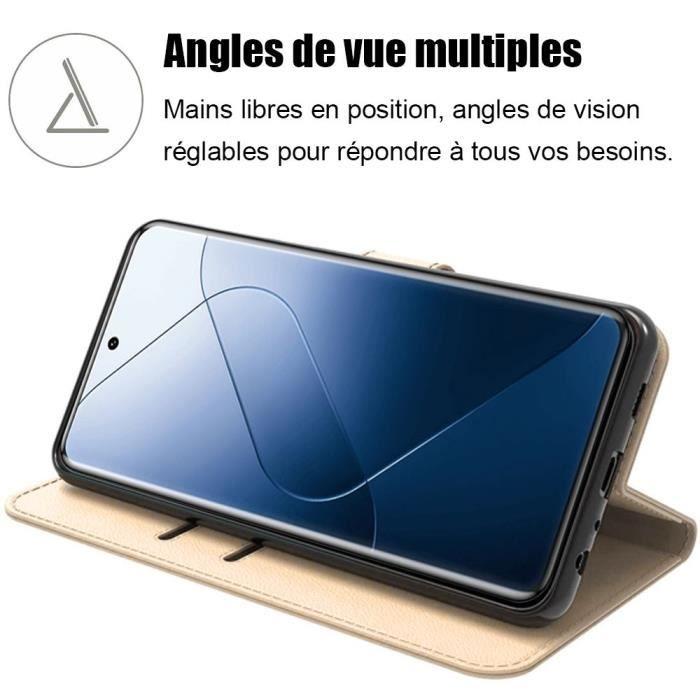 Coque + 2 Verres Trempés pour Xiaomi 14 Pro, Protection Anti-choc Effet Cuir, Flip Case à Rabat avec Fentes pour Cartes -Doré