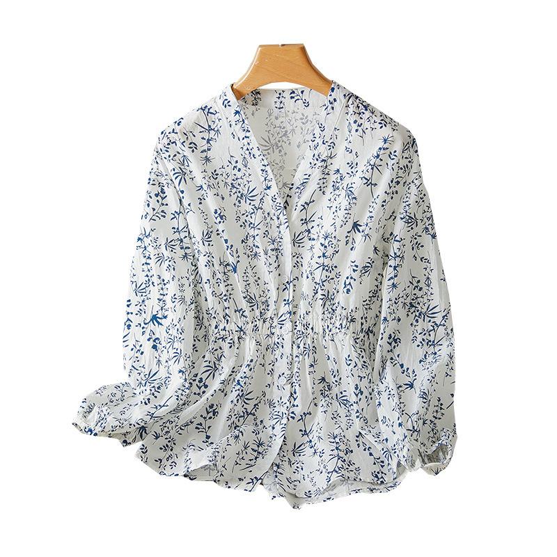 

V-neck Long-sleeved Shirt Women s New V-neck Top Printed Cotton Shirt XXL