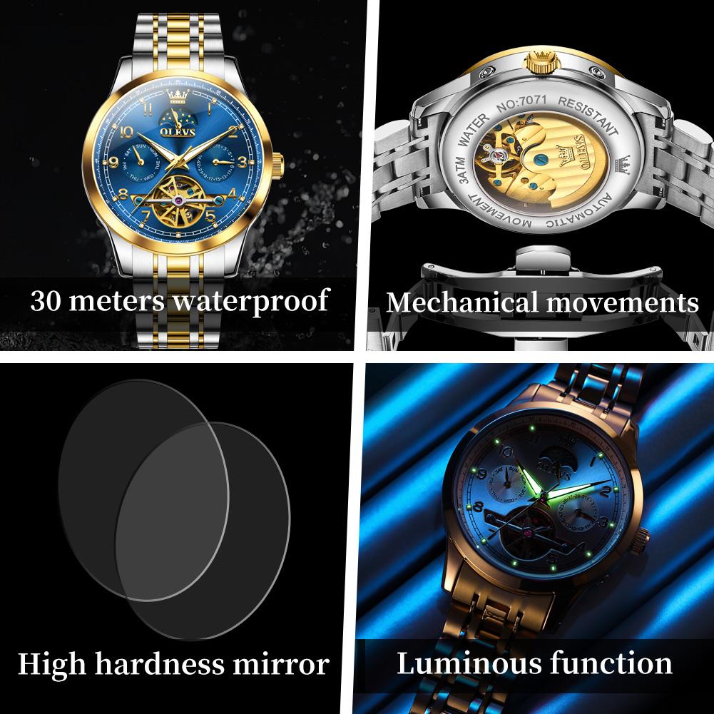 OLEVS 7071 Skelettierte Multifunktions-Mechanik-Herrenuhren Edelstahl Wasserdicht Leuchtend Mondphase Automatisch Mann Uhr