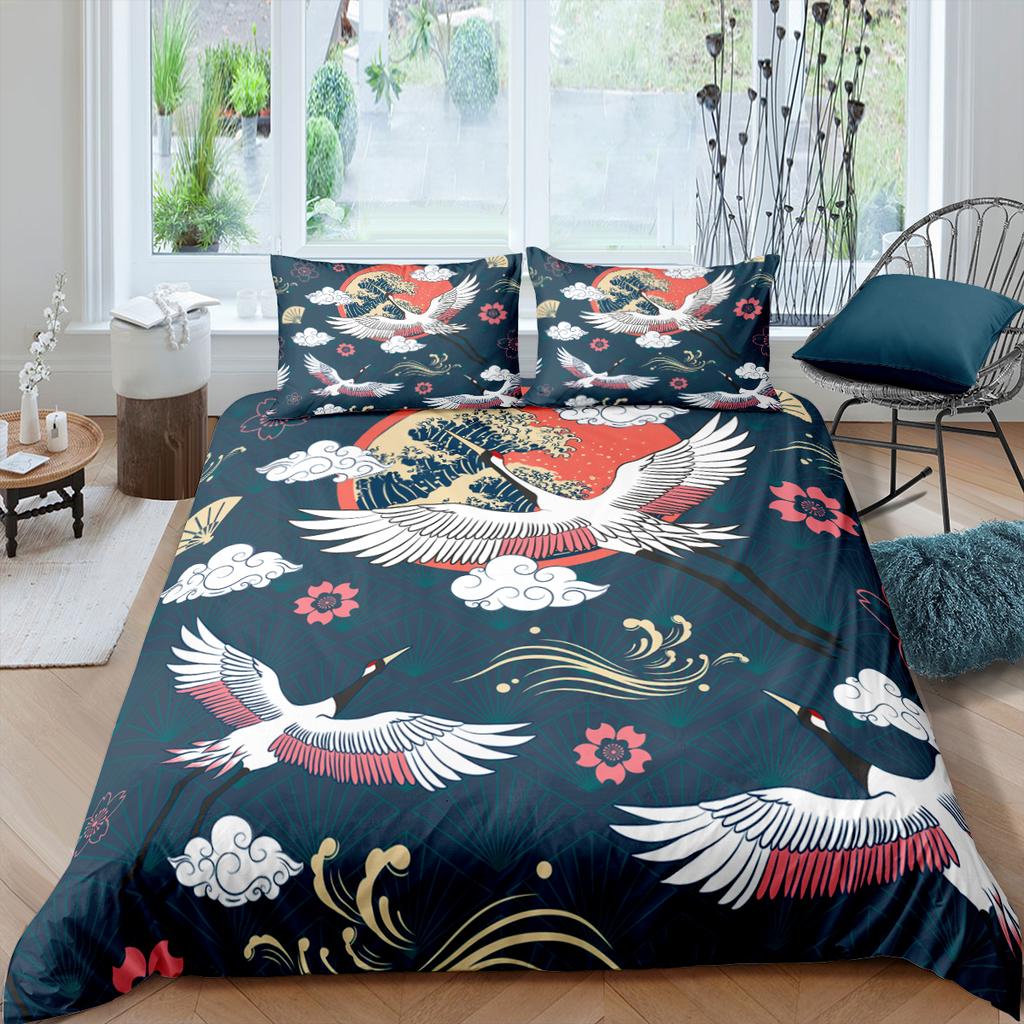 Japanese Crane Duvet Cover King Queen Size Wave Flower Ukiyo-E Style Bedding Set Eastern Culture 2/3Pcs Polyester Quilt Cover
