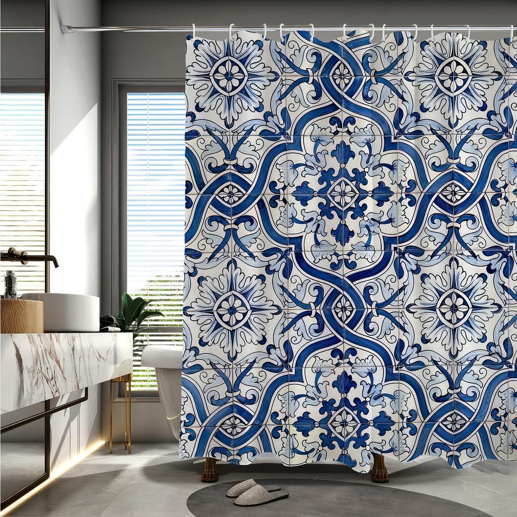 1pc Retro Blue & White Porcelain Tile Shower Curtain, Digital Print,Machine Washable,Reversible Polyester, All-Season Bath Decor