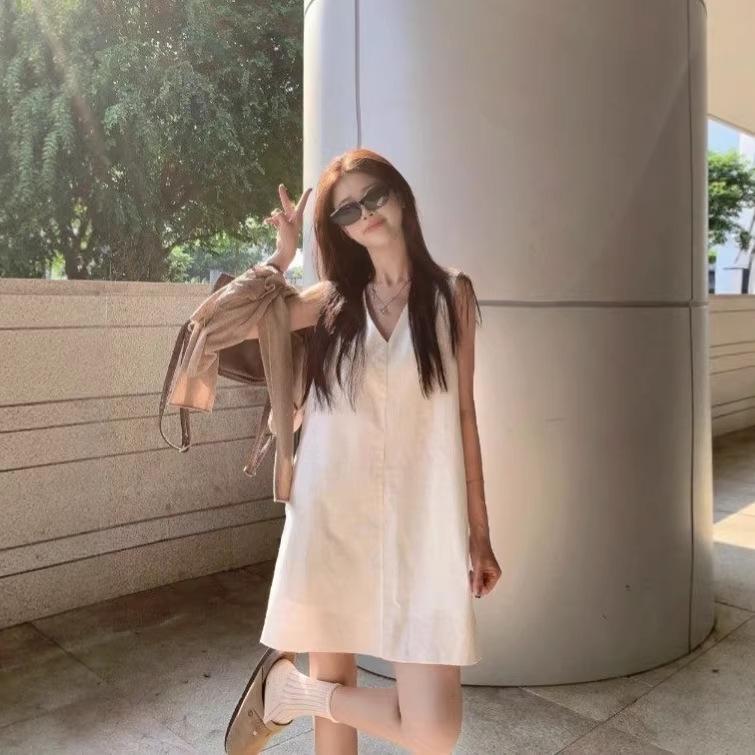 Women s Summer Spaghetti Strap Slim-fit Cinched Waist Dress - French Relaxed Sleeveless Vest Style XL
