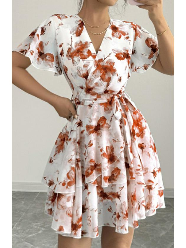 Elegant Floral Ruffled V-Neck Summer Dress - Women s Retro Holiday Style L красный
