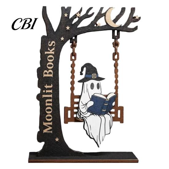 Kantoorbureau Decoratie Items Halloween Desktop Schommel Decor, Spookachtige Huis Lezen Geest op Een Beeldje Uniek Houtbewerking Cadeaus voor Woonkamer Keuken