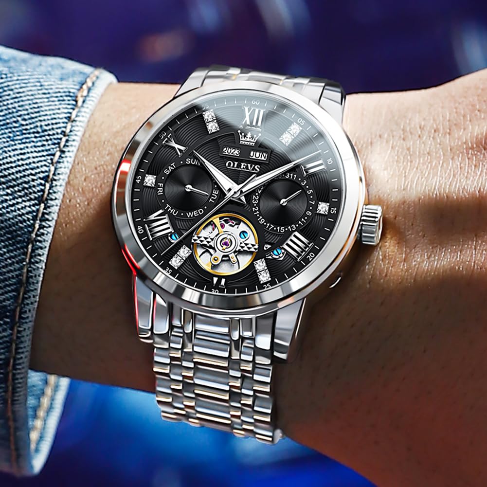 OLEVS Mechanical Automatic Manual Perpetual Calendar Skeleton Metal Band Retro Stylish Watch Luminous Waterproof watch for men Black Men's & Men's