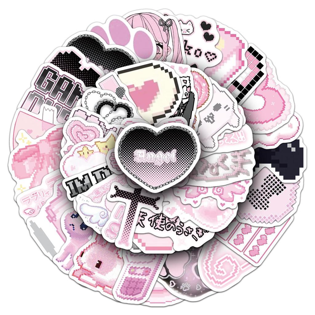 50 Pink Pixel-Style Yandere Stickers: Cute Japanese Cartoon Decor for Notebooks & Computers