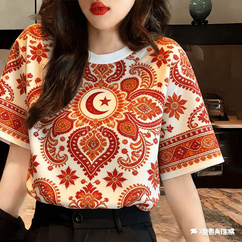 T-shirt women's casual printed flower pattern retro street style
