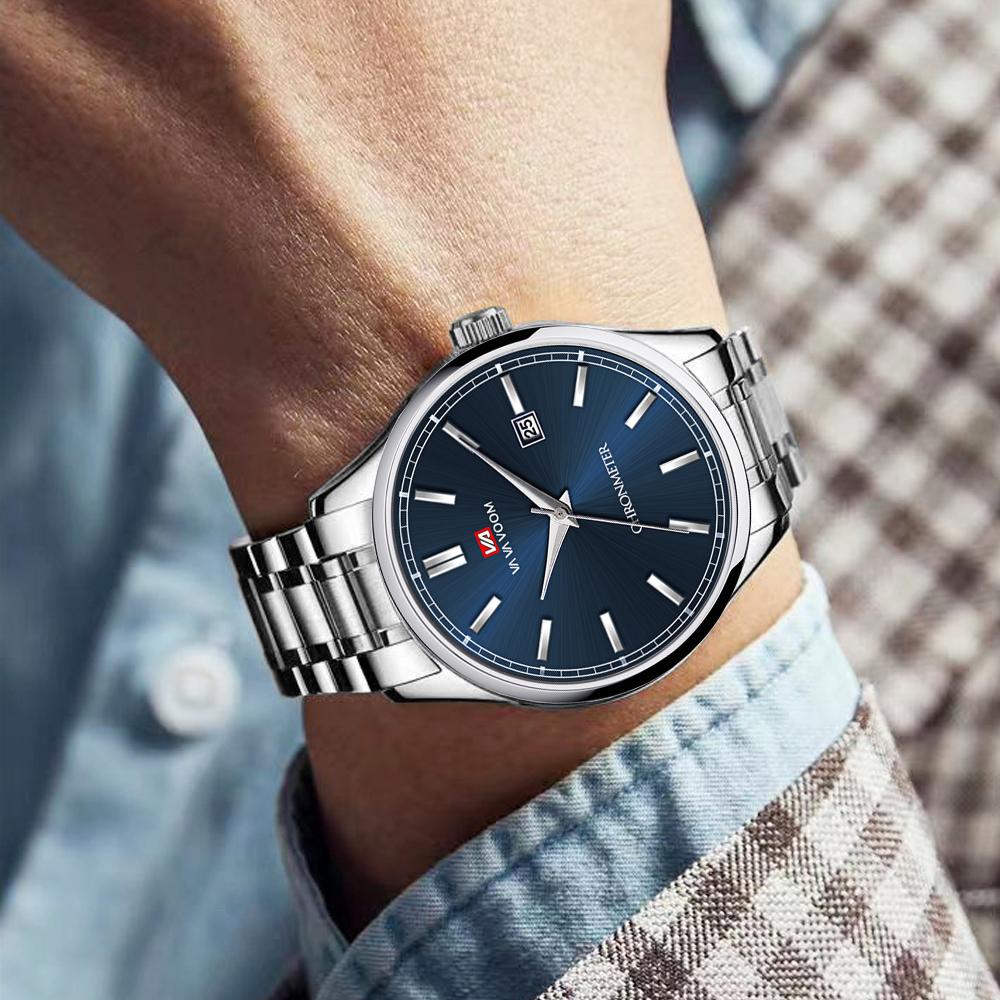 Business Men's Watch VA VA VOOM Fashion Trend Blue Stainless Steel Waterproof Quartz Movement Boutique Men Casual Wristatch