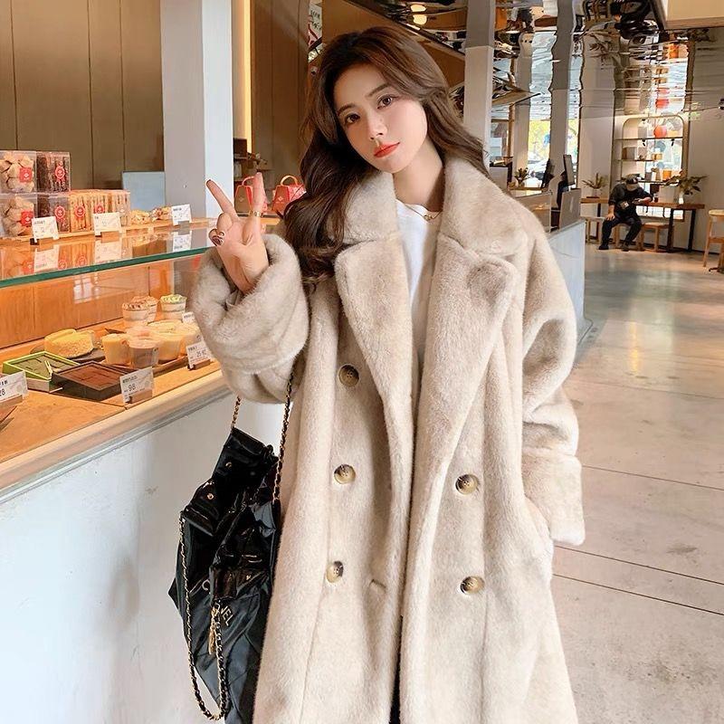 New Environmentally Friendly Rabbit Fur Fur Coat for Autumn and Winter Long Thick Warm and Loose Fitting Suit Collar Coat