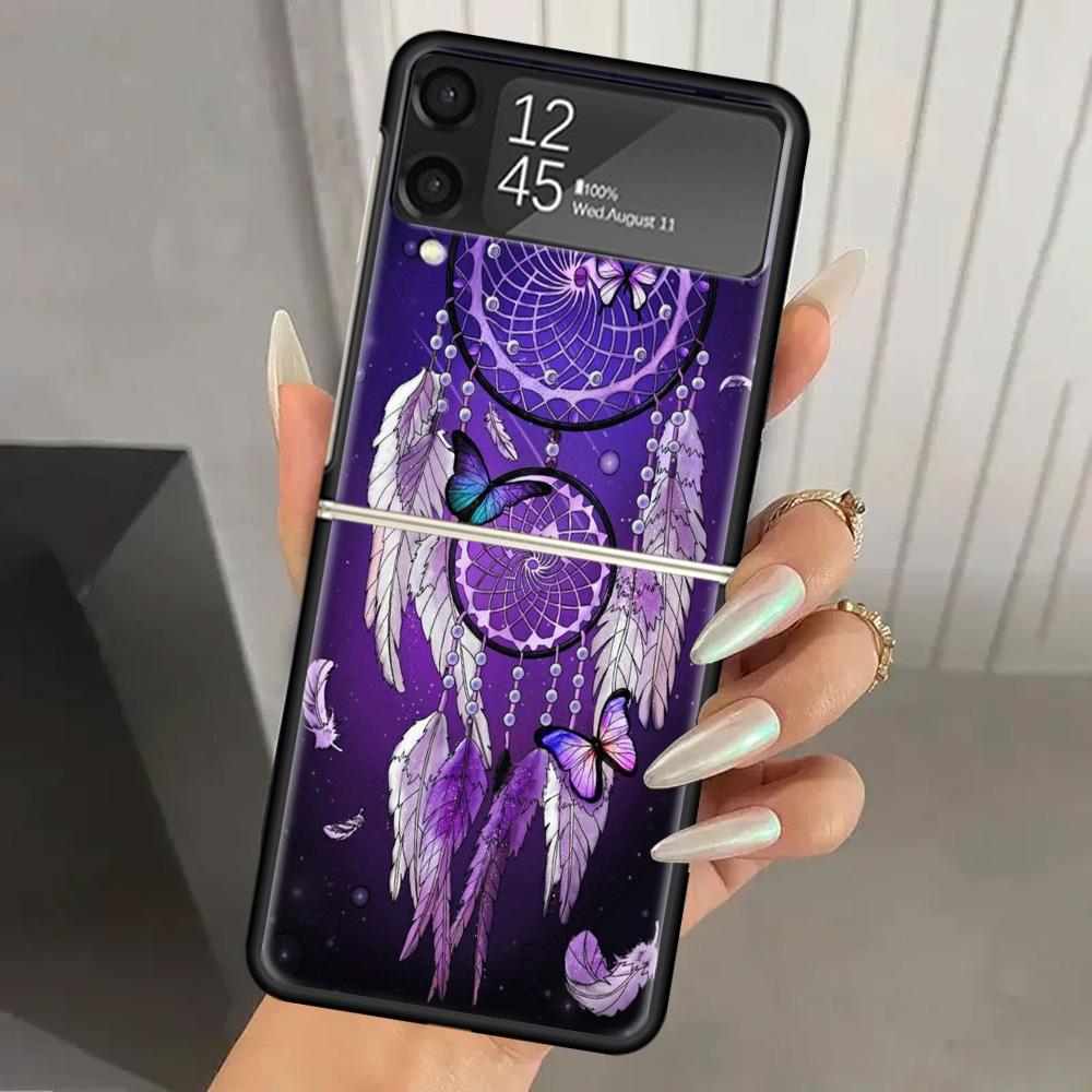 Retro Feather Dreamcatcher Hard PC Phone Case For Samsung Galaxy Z Flip 6 5 4 3 Black Cover ZFlip6 Flip5 Flip4 5G Foldable Print