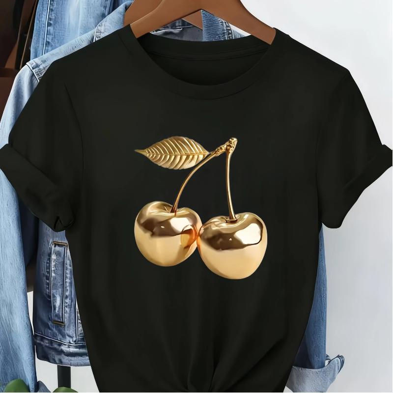 Quanquan Metallic Golden Cherry Print Short-Sleeve T-Shirt, Fashionable Niche Loose-Fit Crewneck Top, Sweet and Cool Versatile Casual Women's Style