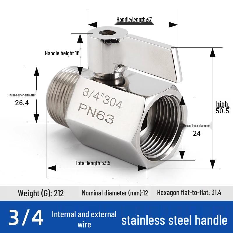 Mini Ball Valve 304 Stainless Steel, Internal/External Thread, 6/4 Points