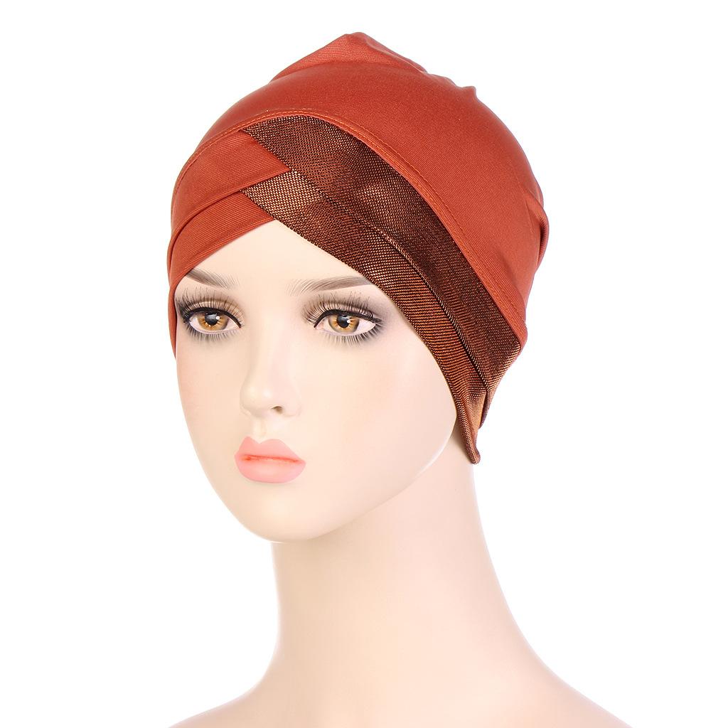 Stretch Fabric Shiny Thread Front Cross Indian Hat Crystal Linen Headscarf Muslim Base Layer Cap