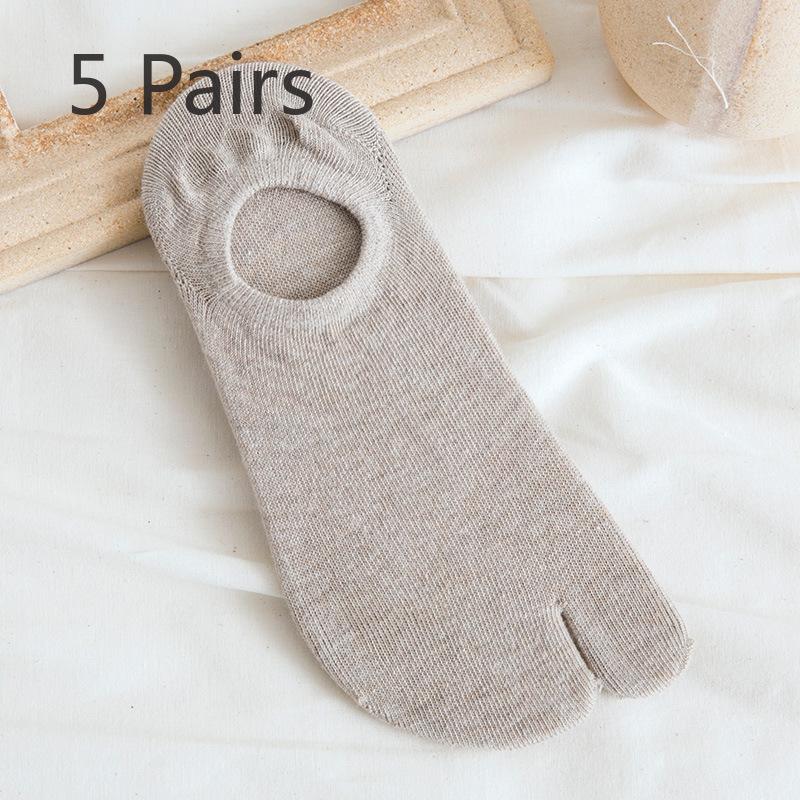 5 Pairs of Women's Summer Pure Cotton Shallow Mouth Silicone Anti Slip Invisible Two Toe Boat Socks
